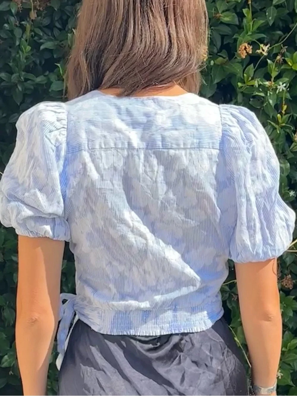 Banana Republic Light Blue Floral Wrap Blouse with Tie
